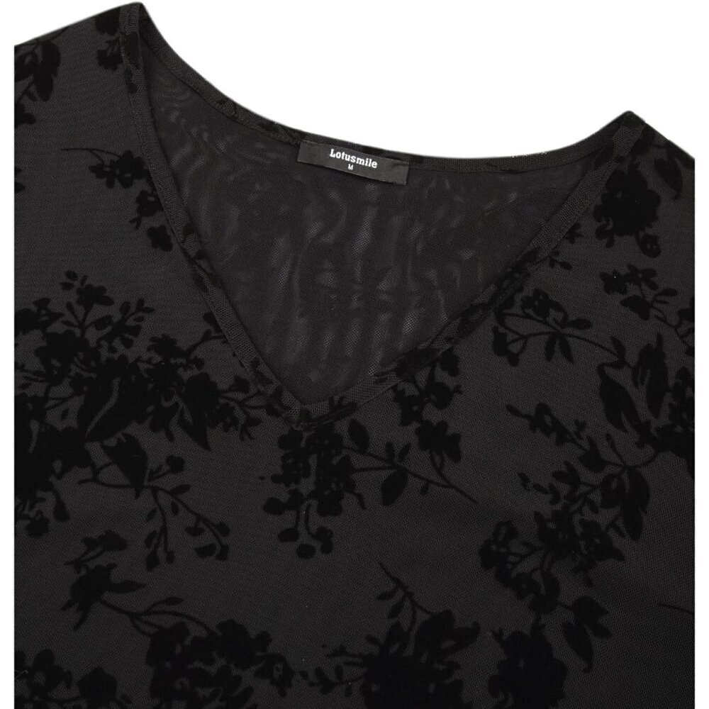 Womens Blouse Double Layers Mesh Floral Ruffle 3/4 Sleeve Tunic Top - Picture 4 of 5